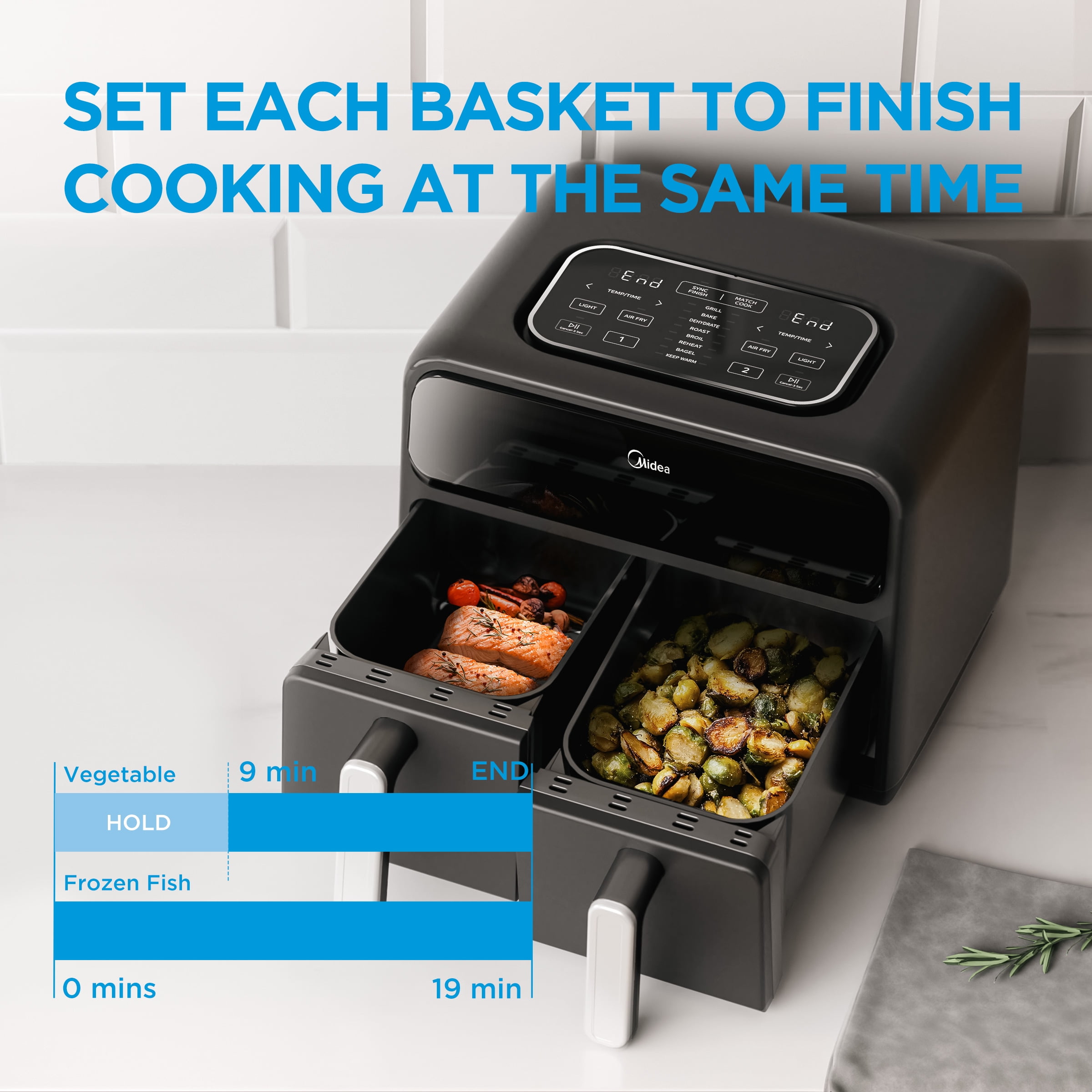 Midea Dual-Zone Air Fryer, 9-In-1, 8.4 Qt, Sync Finish Technology, Black