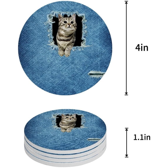 FMSHPON Hole Cowboy Hole Cat Cute Shorthair Pet Set of 4 Round Coaster for Drinks, Absorbent Ceramic Stone Coasters Cup Mat with Cork Base for Home Kitchen Room Coffee Table Bar Decor