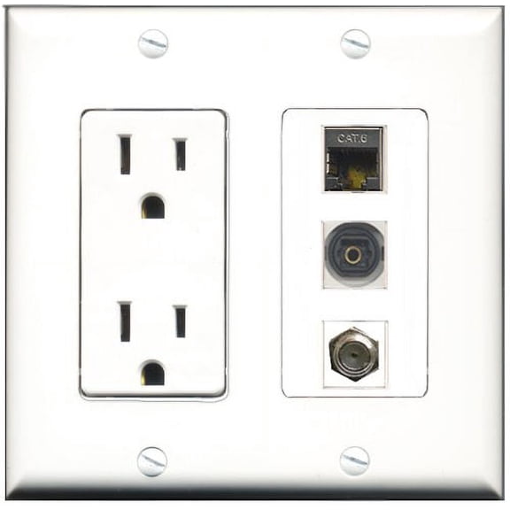 RiteAV - 15 Amp Power Outlet 1 Port Coax 1 Port Shielded Cat6 Ethernet Ethernet 1 Port Toslink Decorative Wall Plate