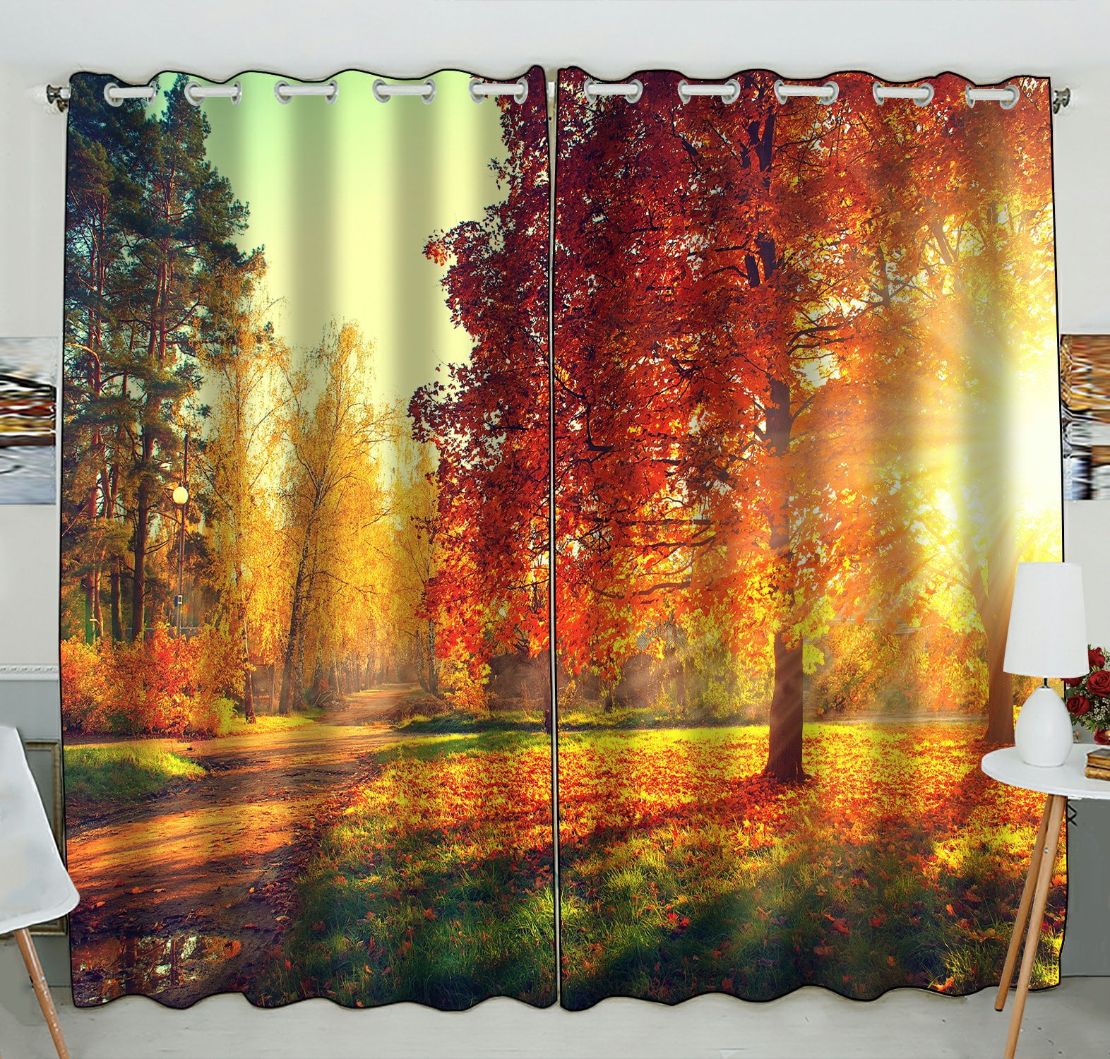 Phfzk Autumn Scene Window Curtain, Autumn Trees And Leaves In Sun Light Landscape Window Curtain