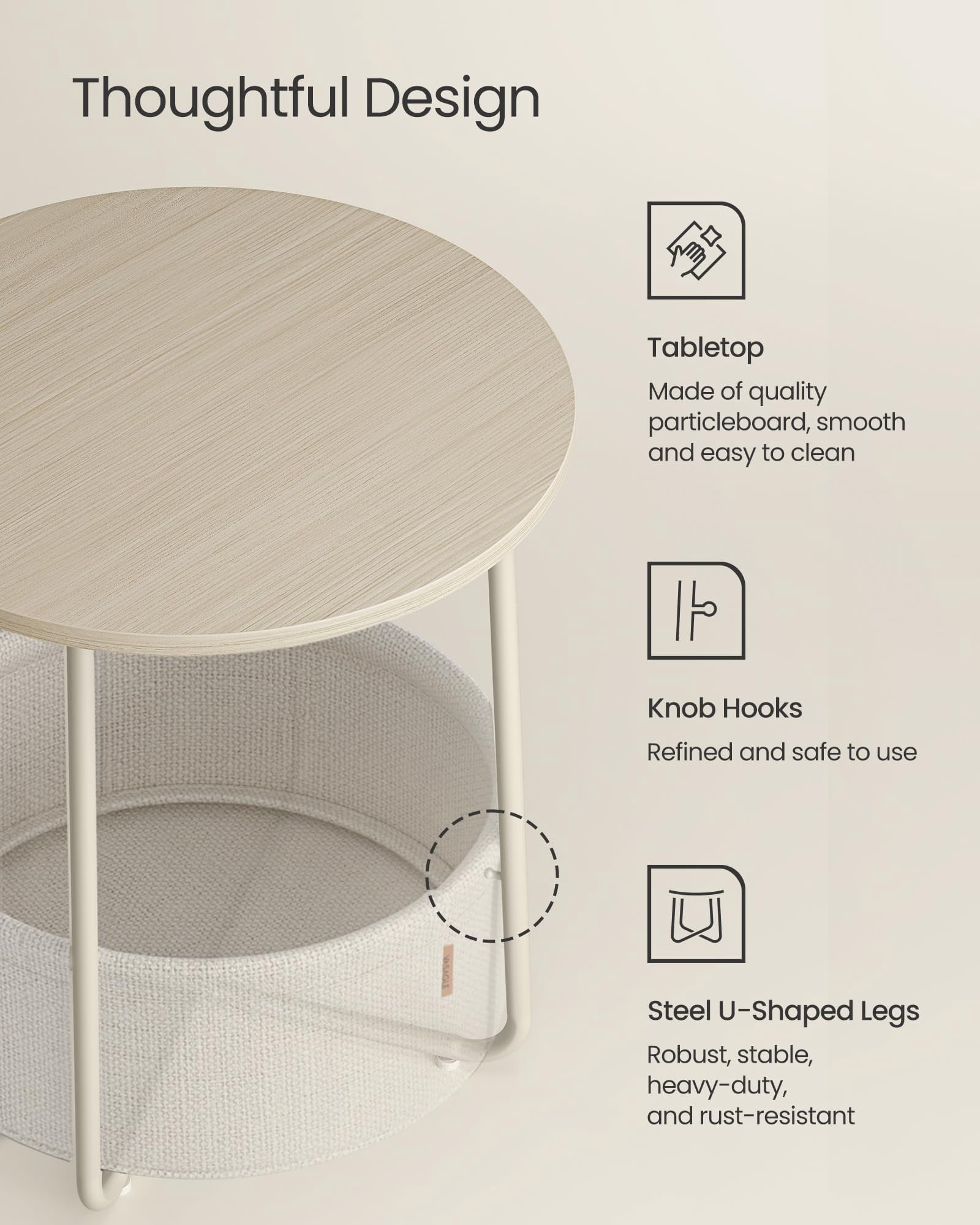 Nordic Hygge 17.7 in. Round Side Table with Fabric Storage Basket, Cream White