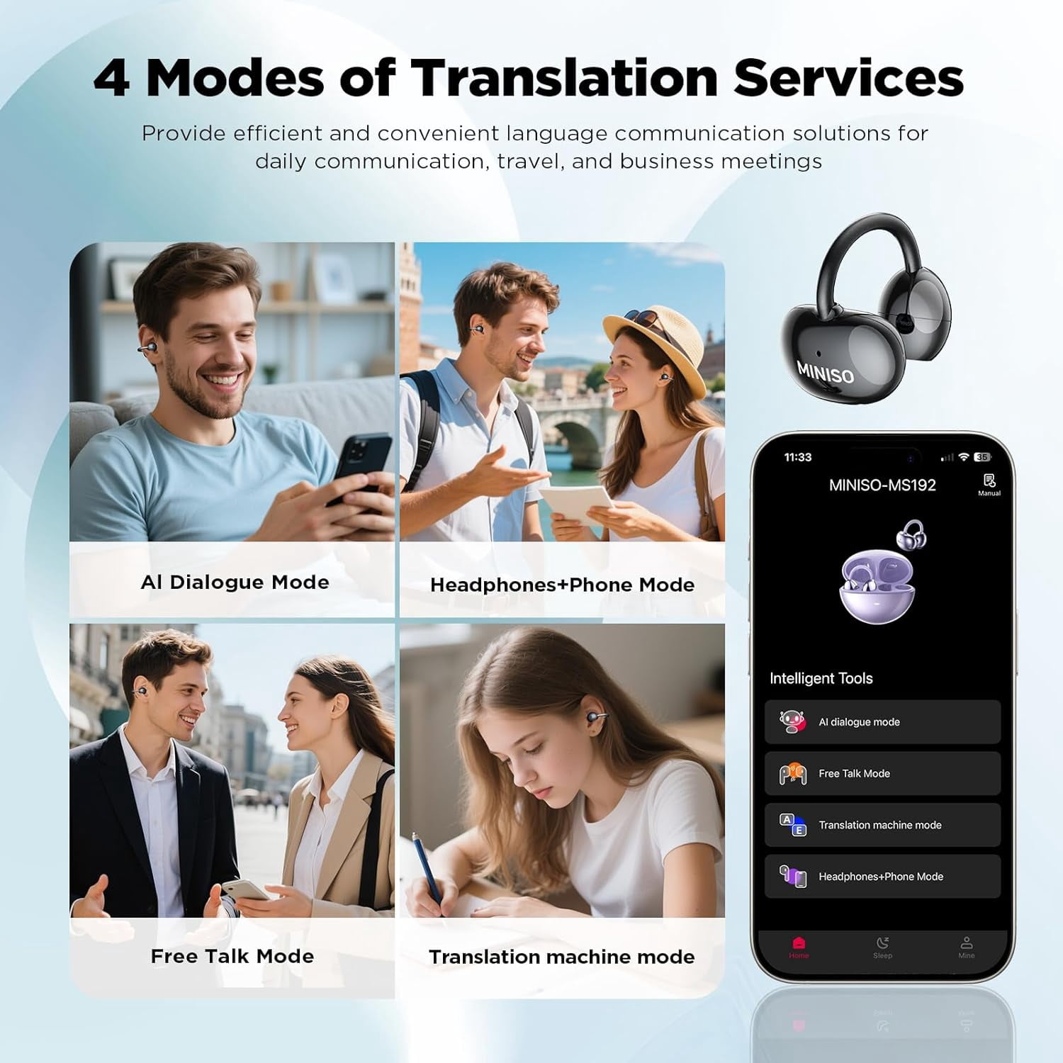 MINISO MS192 Wireless Earbuds Real Time 135 Languages AI Translation Earbuds with Free Two-Way Translation Ear Clip