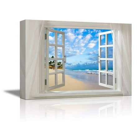 Open Sea Art Wall26 Glimpse into Clear Sea and Tropical Beach out of Open Window - Canvas Art Wall Decor - 24