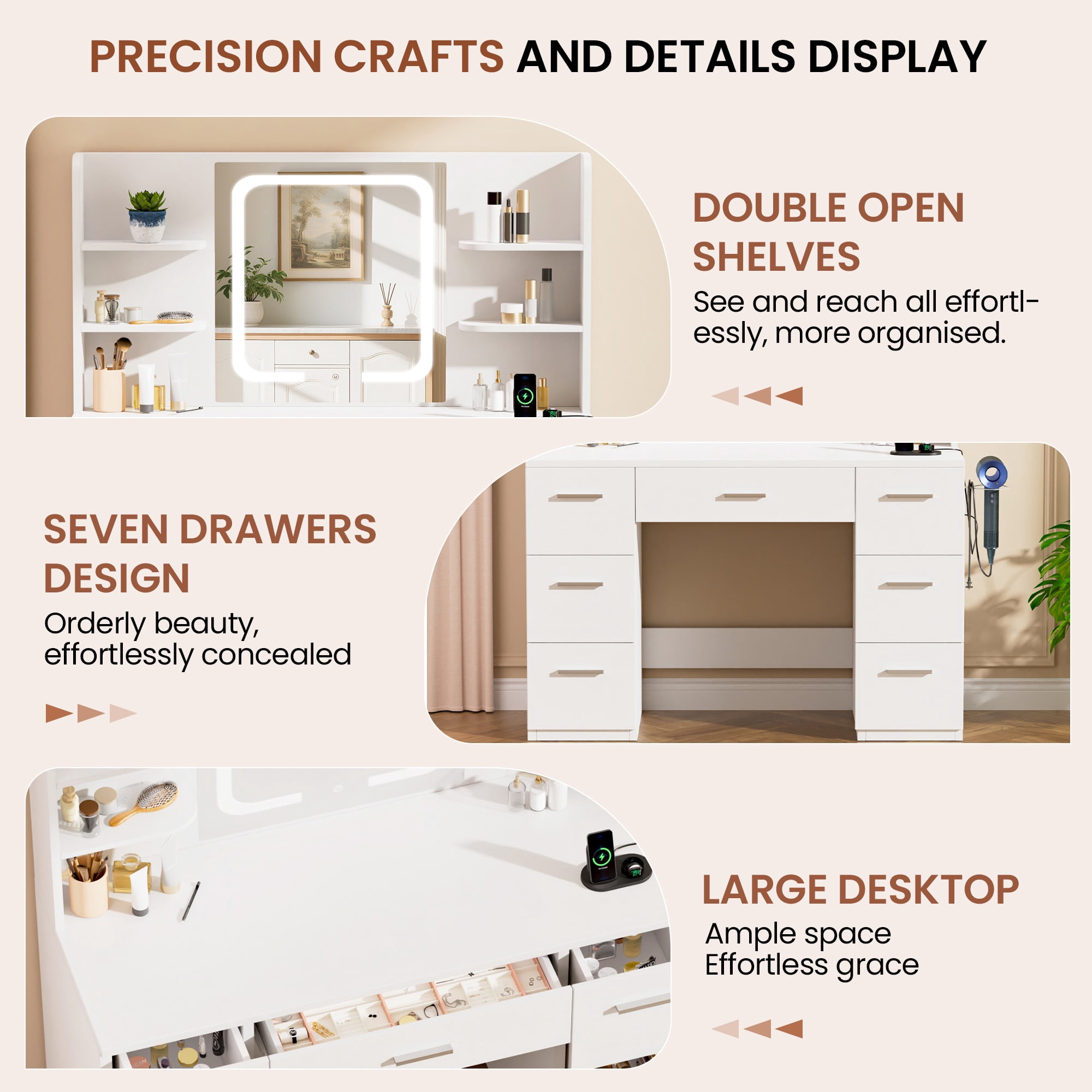 LIVELYGLOW Vanity Desk with Smart LED Lighted Mirror, Built-in Power Outlet, Large Storage Drawer, Modern Minimalist Makeup Dressing Table for Bedroom,White