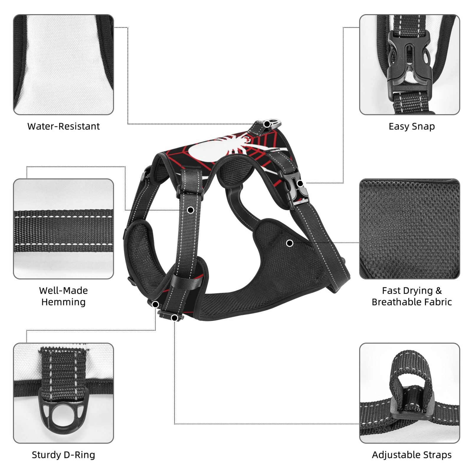 Vsdgher Spider On The Web Pattern Dog Harness,No Pull Pet Harness with Soft Padded Handle,Adjustable Reflective Vest with 2 Buckles,4 Slide Buckles,S-XL
