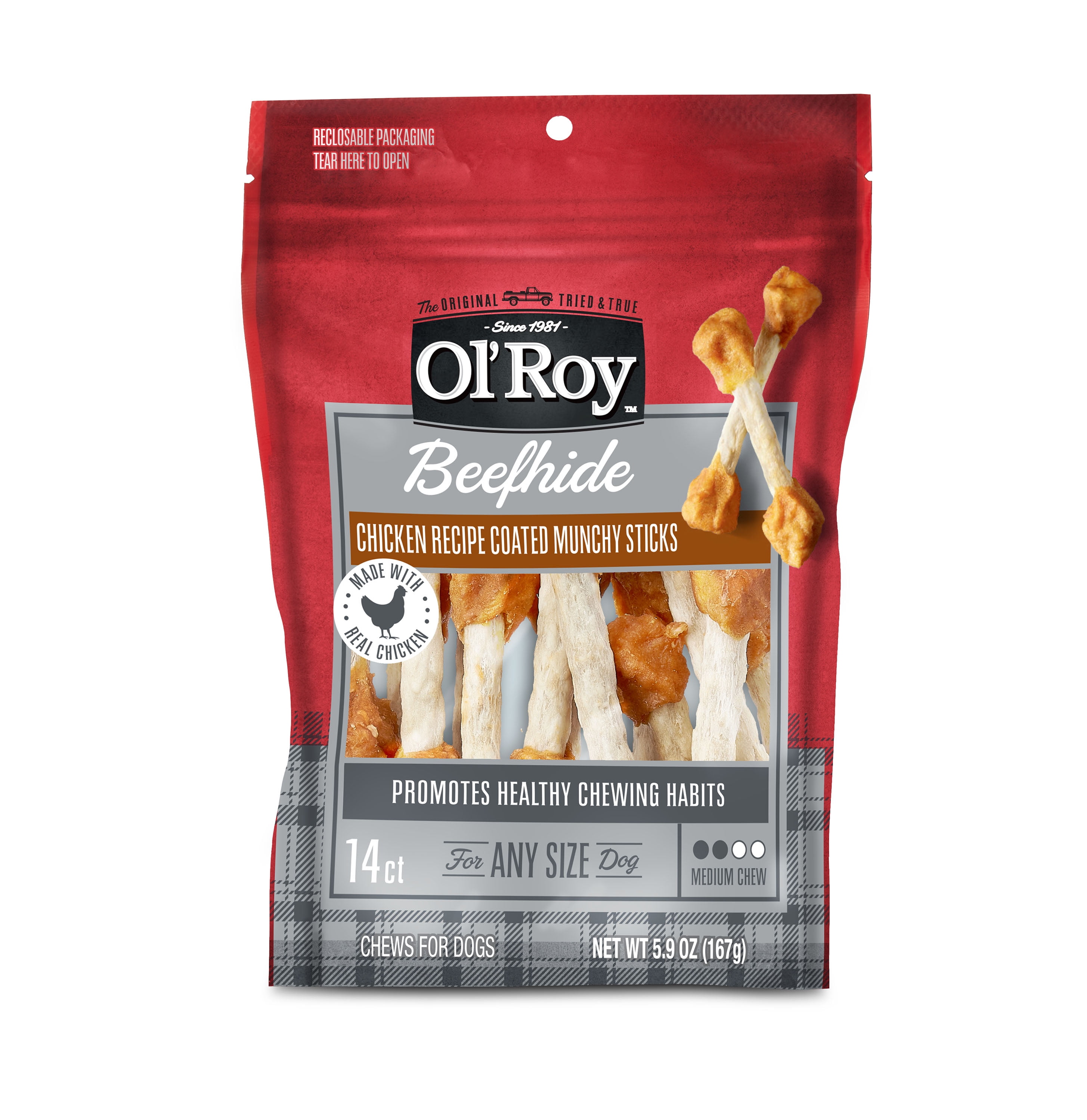 Ol' Roy Beefhide Coated Munchy Sticks, Chicken Recipe, 5.9 oz, 14 Count