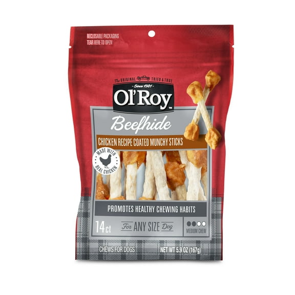 Ol' Roy Beefhide Coated Munchy Sticks, Chicken Recipe, Dry Training Treats for Dogs,14 Count, 5.9 oz.Bag
