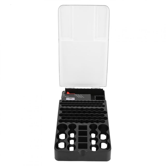 Probador de batería tipo puntero - Caja de almacenamiento de batería de 104 rejillas Organizador de contenedor con probador de batería tipo puntero