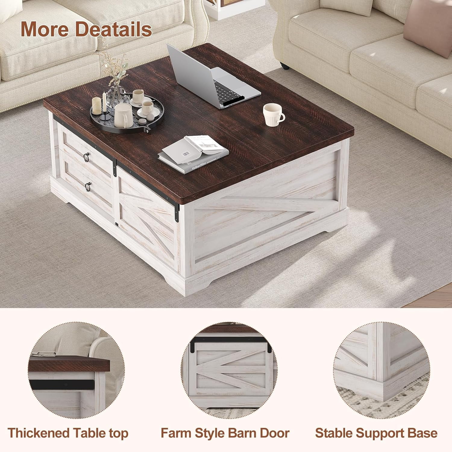39.4" Lift-Top Coffee Table with Storage, Farmhouse Square Coffee Table with Drawers, Sliding Door and Hidden Storage Compartment, Center Table Gaming Station or Workspacefor Living Room, White