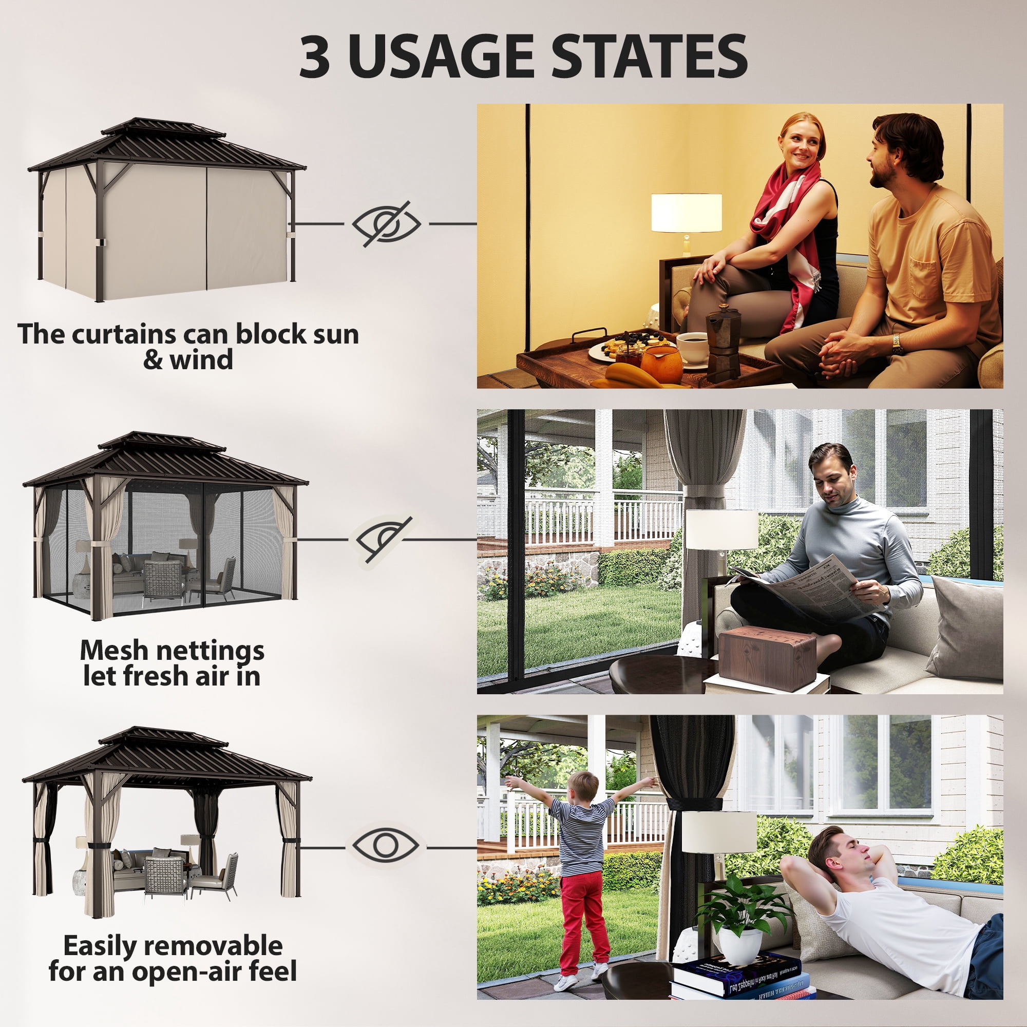 Outsunny 10' x 14' Hardtop Gazebo with UPF50+ Double Galvanized Steel Roof Canopy, Aluminum Frame Permanent Gazebo with Curtains, Netting, Brown