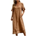 thumbnail image 4 of Vivianyo HD Women's V-Neck Fringe Trim Maxi Dress, Short Ruffle Fringe Sleeve Solid Linen Blend Loose Casual Summer Dresses for Women Vacation, Women's Khaki, Sizes S-2XL, 4 of 7