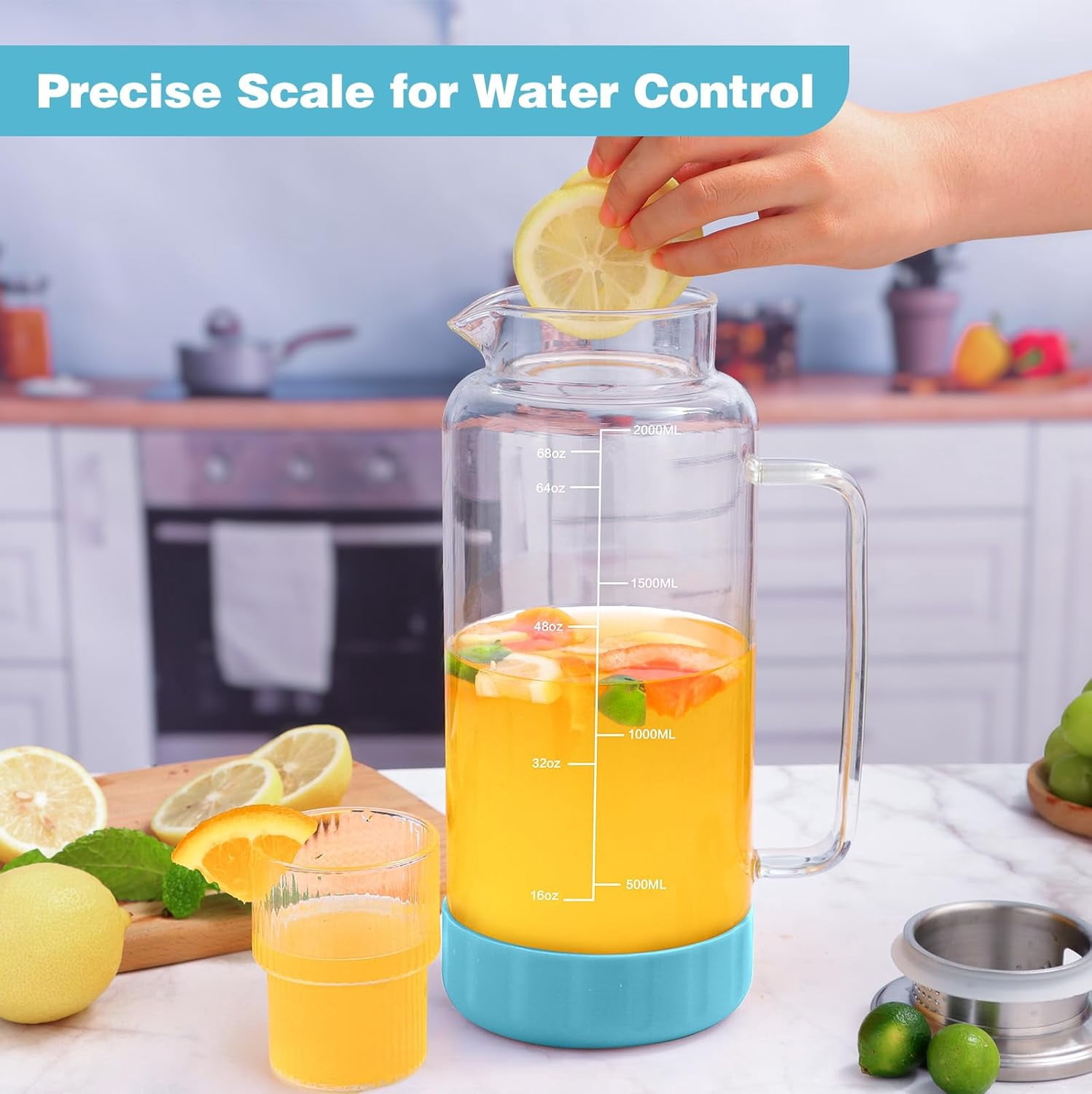 68oz Glass Pitcher with Lid, 2 Liter Water Carafe with Silicone Base and Precise Scale Line, Ice Tea Pitcher for Fridge, Anti-Slip Glass Jug for Sun Tea Juice Coffee Milk Beverage (Gray)