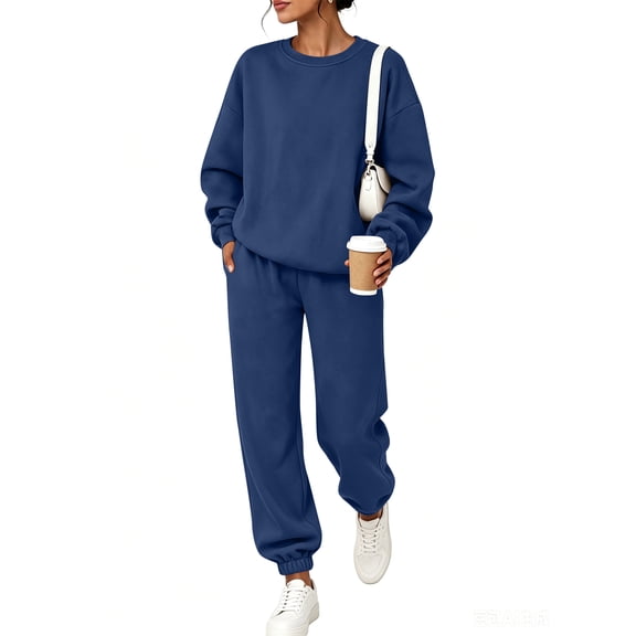 Textilo Women's 2 Piece Sweat Sets Long Sleeve Crewneck Sweatshirt and Wide Leg Drawstring Pants with Pockets Tracksuits Lounge Causal Travel Comfy 2026 Fall Winter Clothes,Navy L