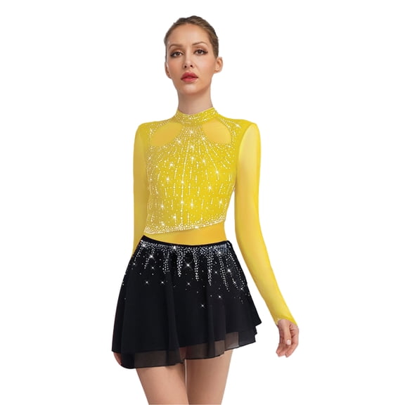 inlzdz Womens Rhinestone Figure Skating Performance Dress Long Sleeve Lyrical Ballet Dance Leotard Yellow XXL
