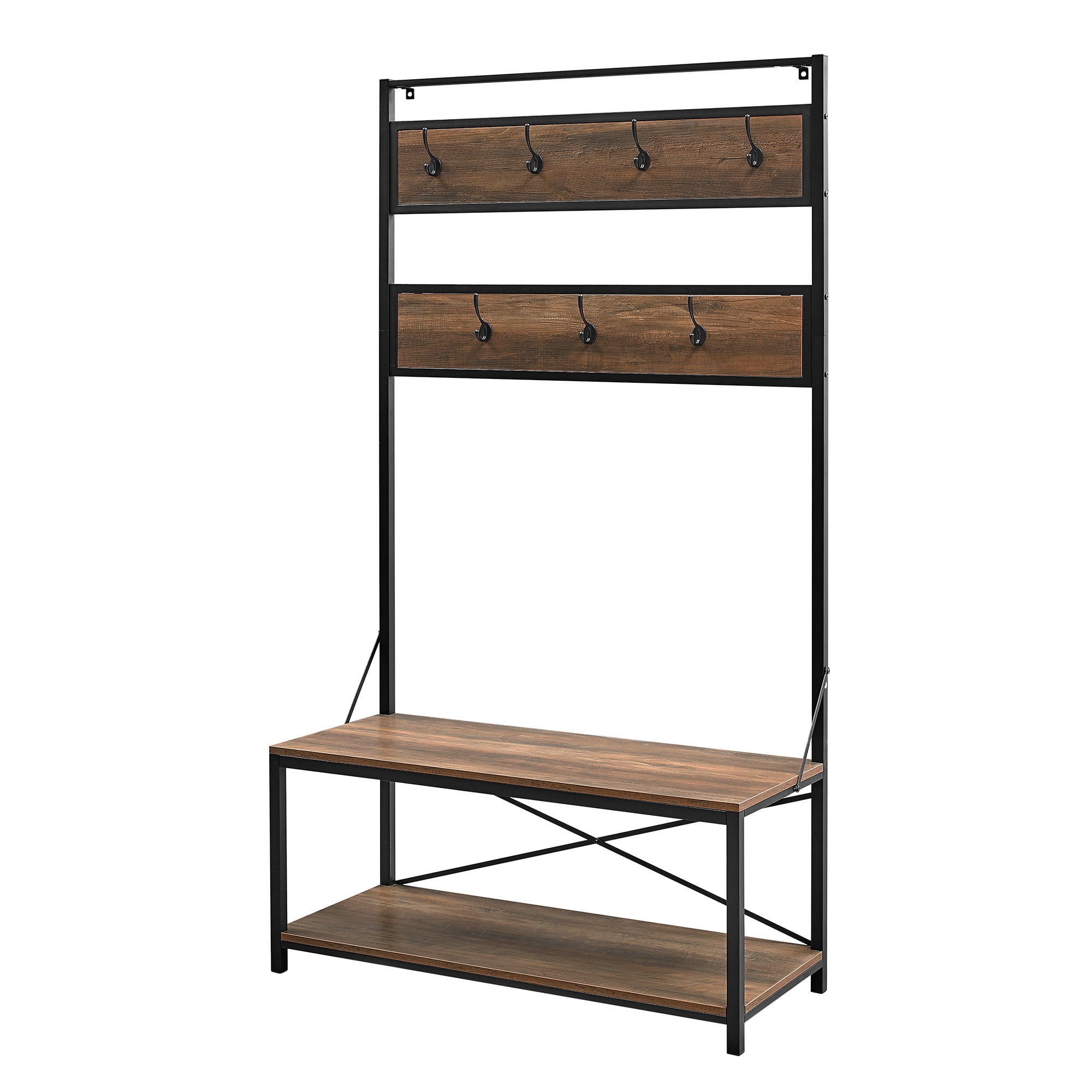 Woven Paths Industrial Hall Tree with Bench and Coat Hooks, Reclaimed Barnwood