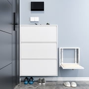 Marcree Shoe Cabinet with 3 Flip Drawers, Metal Entrance Shoe Cabinet Storage for Entryway, Modern Hidden Narrow Shoe Rack Organizer Cabinets Wall Mount for Living Room, Bedroom, Hallway, White