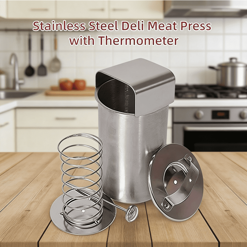 Upgrade Stainless Steel Deli Meat Press with Thermometer & Spring Mechanism, Maker Lunch Meats Presss for Healthy Home Cooking , Stainless Steel Ham Press Maker