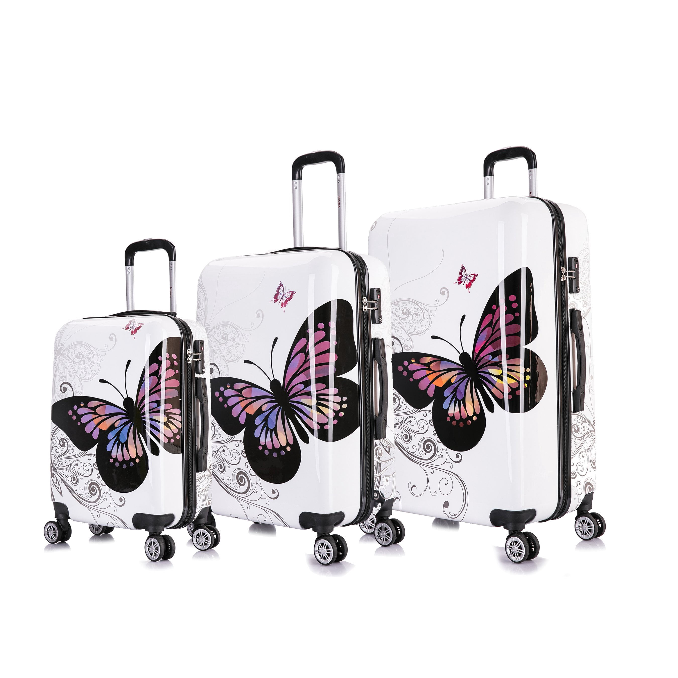 InUSA Print 3-Piece Hardside Luggage Sets with Spinner Wheels, Handle, Trolley, (20"/24"/28"), Butterfly