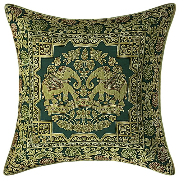 Stylo Culture Ethnic Couch Brocade Dark Green And Gold Throw Pillow Covers 16x16 Jacquard Weave Banarsi Soft Throw Pillow Covers Elephant Floral 40x40 cm Decorative Cushion Covers (1 Pc)