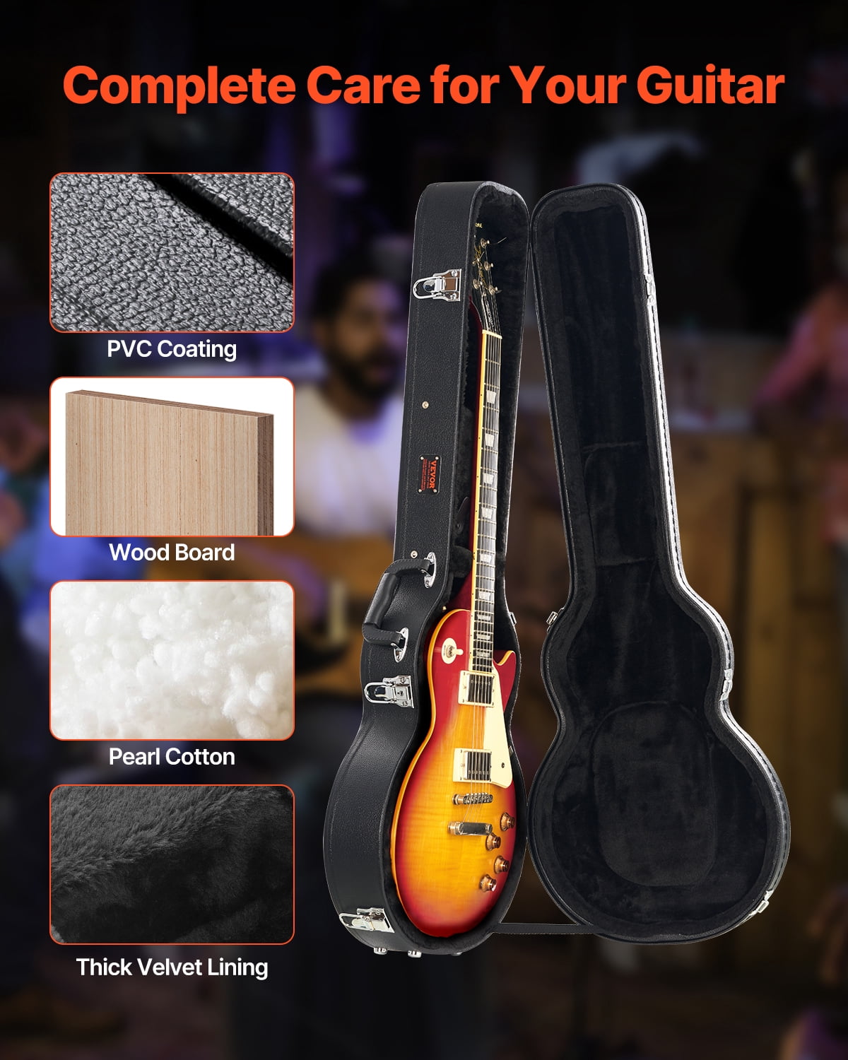 VEVOR Electric Guitar Hard Case, 41.34 in Gourd-Shaped Guitar Hard Case ,With Lock Latch Key Handle, PVC Padding Soft Lining Water-Resistant Hard Shell Guitar Case ,for 39 in LES Paul Guitars, Black