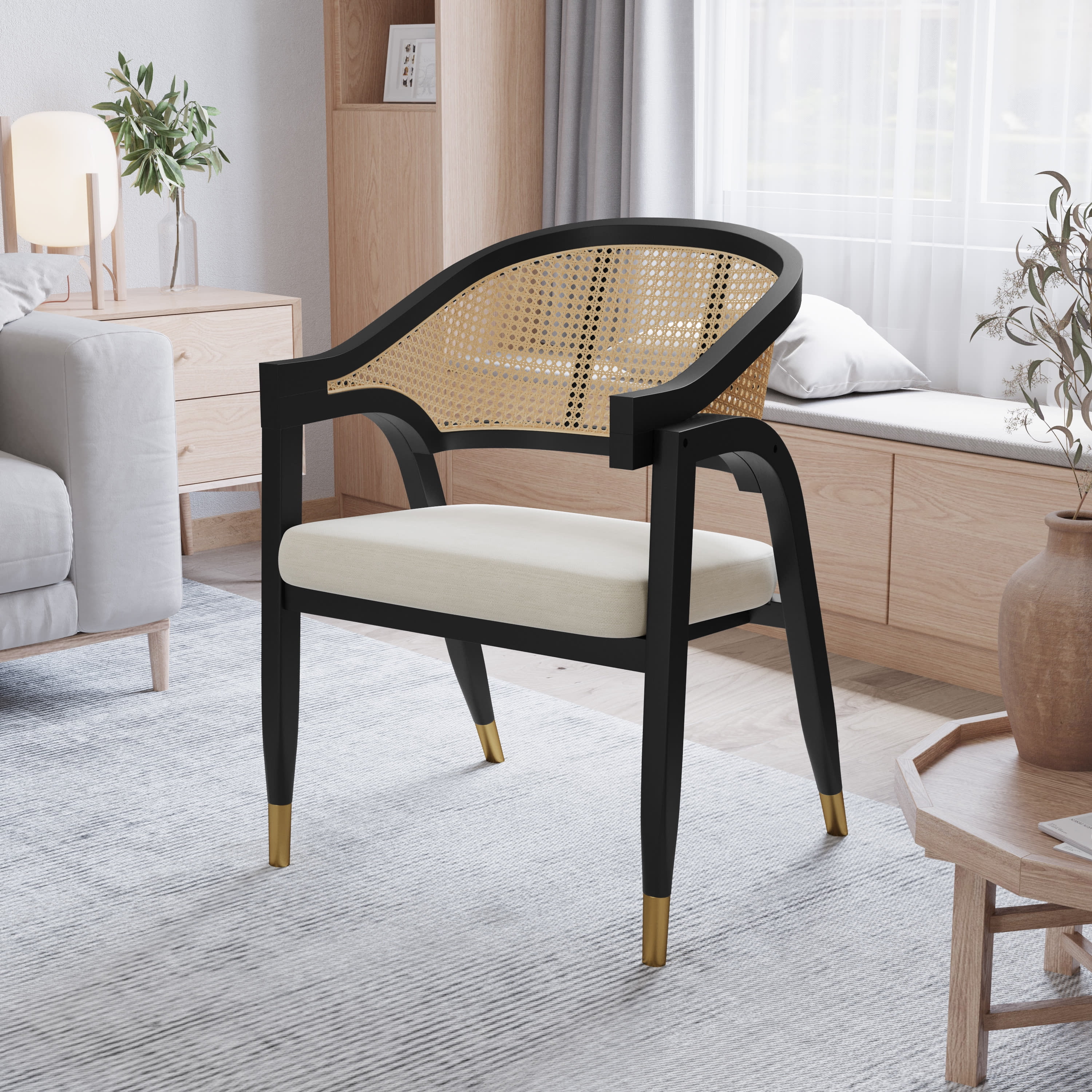 (4 pack) Merrick Lane Cane Rattan Padded Accent or Dining Chair with Gold Accented Legs in Natural/Black