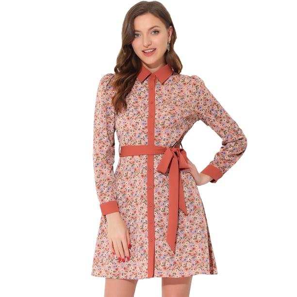 INSPIRE CHIC Vestido camisero de manga larga floral vintage con cuello en contraste y botones en la parte delantera para mujer Rosa L