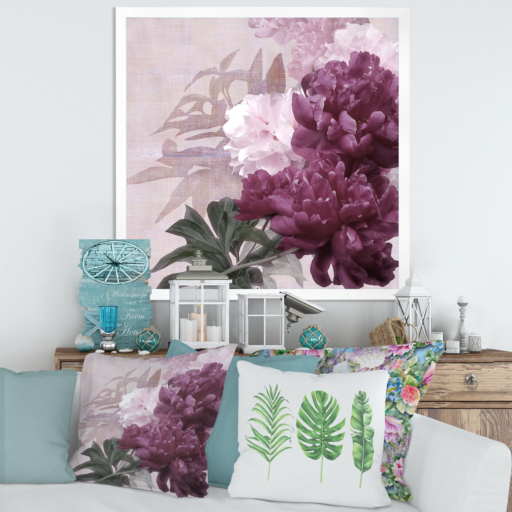Designart 'Ancient Pink and Purple Flowers I' Traditional Framed Art Print
