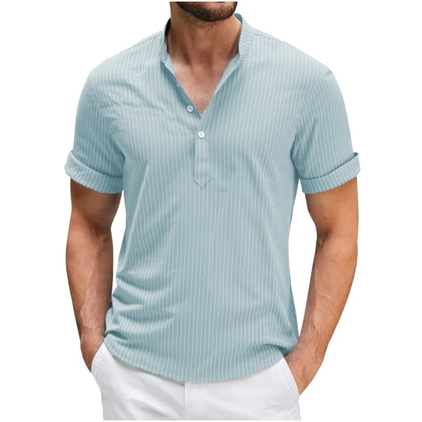 Blusa y camisa de manga corta con cuello alto para hombre, de verano, de lino, semiabierta, con botones, informal, holgada, a rayas