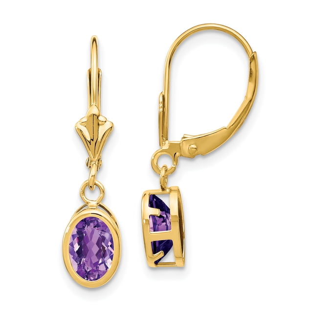 14k Yellow Gold 7x5mm Oval Amethyst Leverback Earrings Birthstone February Drop Dangle Gemstone