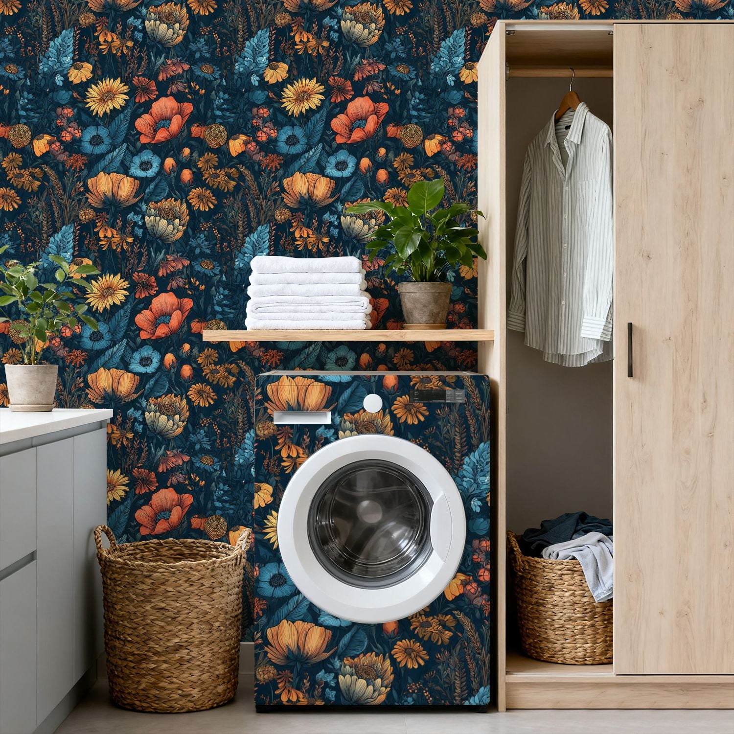 Vintage Peel and Stick Wallpaper 17.7in x 9.8ft Vintage Floral Sunflowers Blue Flowers Dark Contact Paper Vinyl Self-Adhesive Removable Wall Paper for Bedroom Kitchen Cabinet Renter Friendly