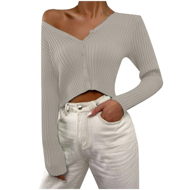 Yuyuzo Fall Ribbed Sweater for Women V Neck Long Sleeve Open Front Button down Cropped Tunic Tops