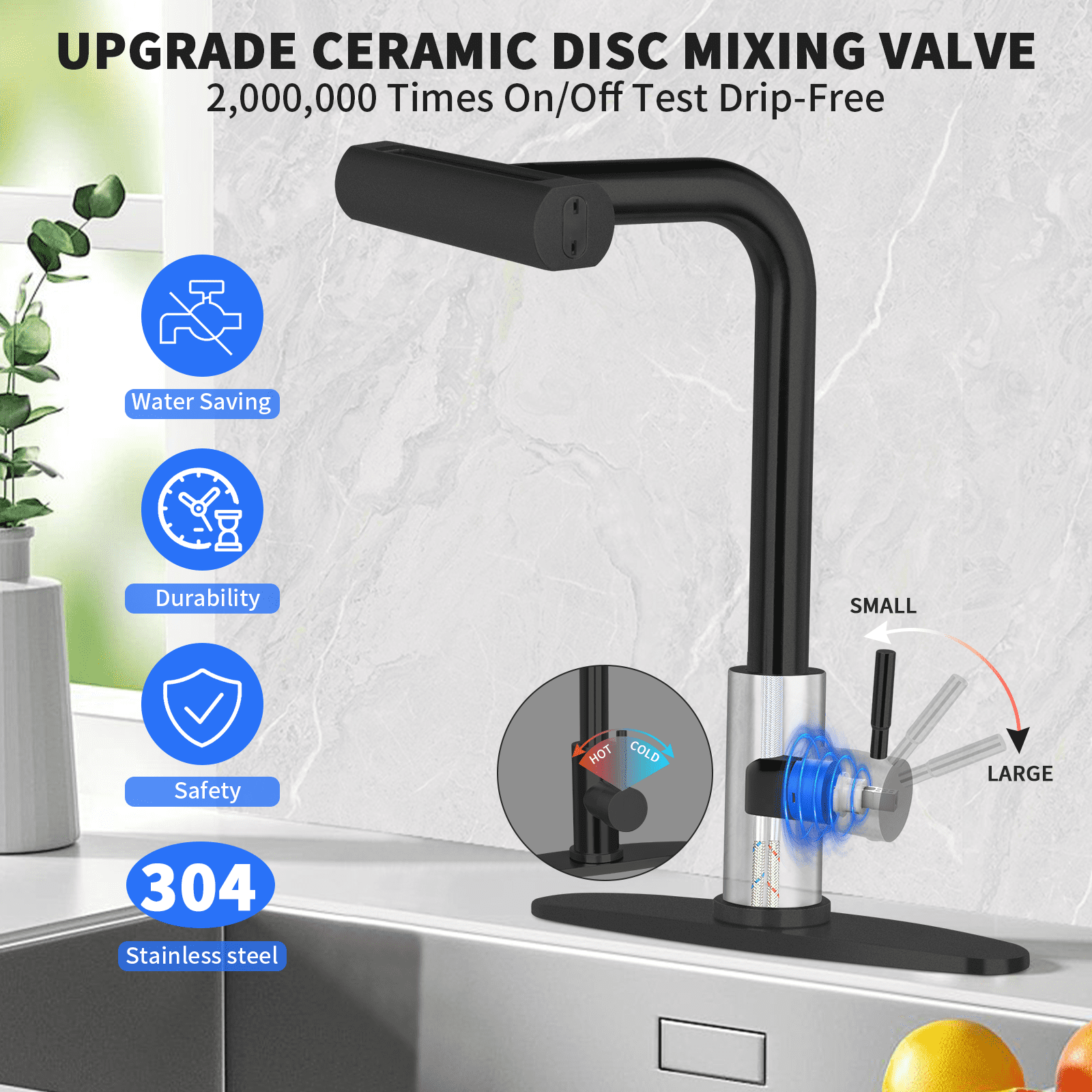 PHANCIR Kitchen Faucet with 4 Modes 15.7" Pull Down Sprayer, 360° Swivel Stainless Steel with No-Leak Ceramic Valve, Easy Install for Farmhouse Camper Laundry RV Bar, Black