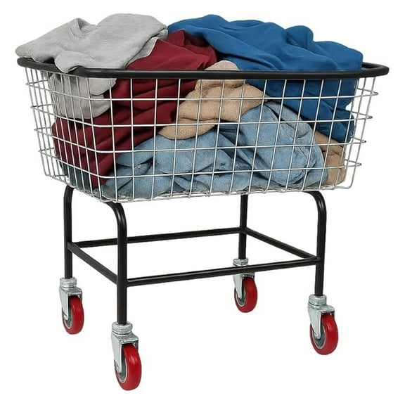 Heavy Duty Laundry Cart with Wheels - 2.2 Bushel Rolling Hamper Basket - Metal Clothes Storage & Transport for Home, Hotel, Laundry Room