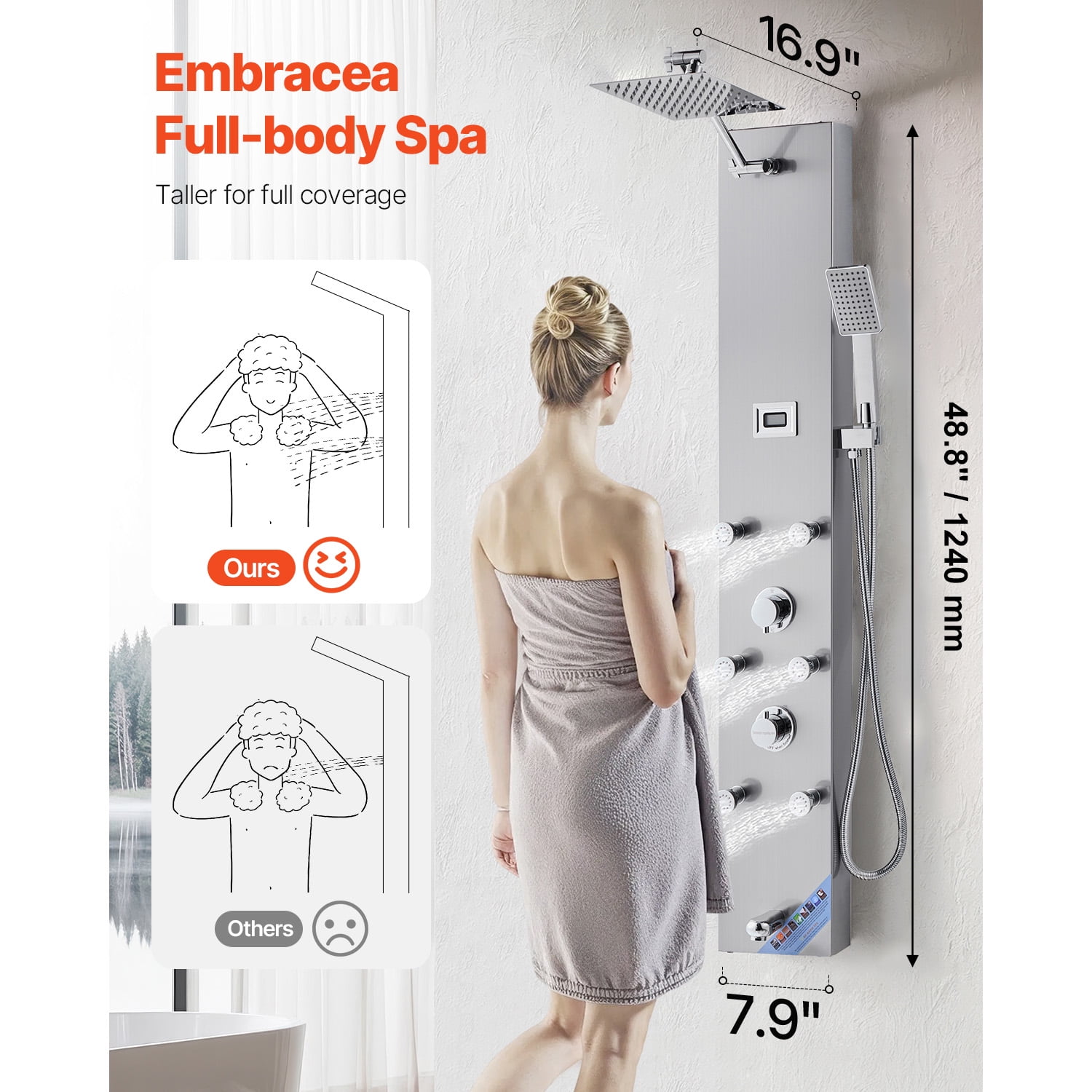 KFFKFF Shower Panel Tower System, 49 in Brushed Stainless Steel, Incorporates Rainfall Shower Head, LED, 4-Function Faucet, Wall-Installed Rain Massage System with 6 Body Jets, Handheld