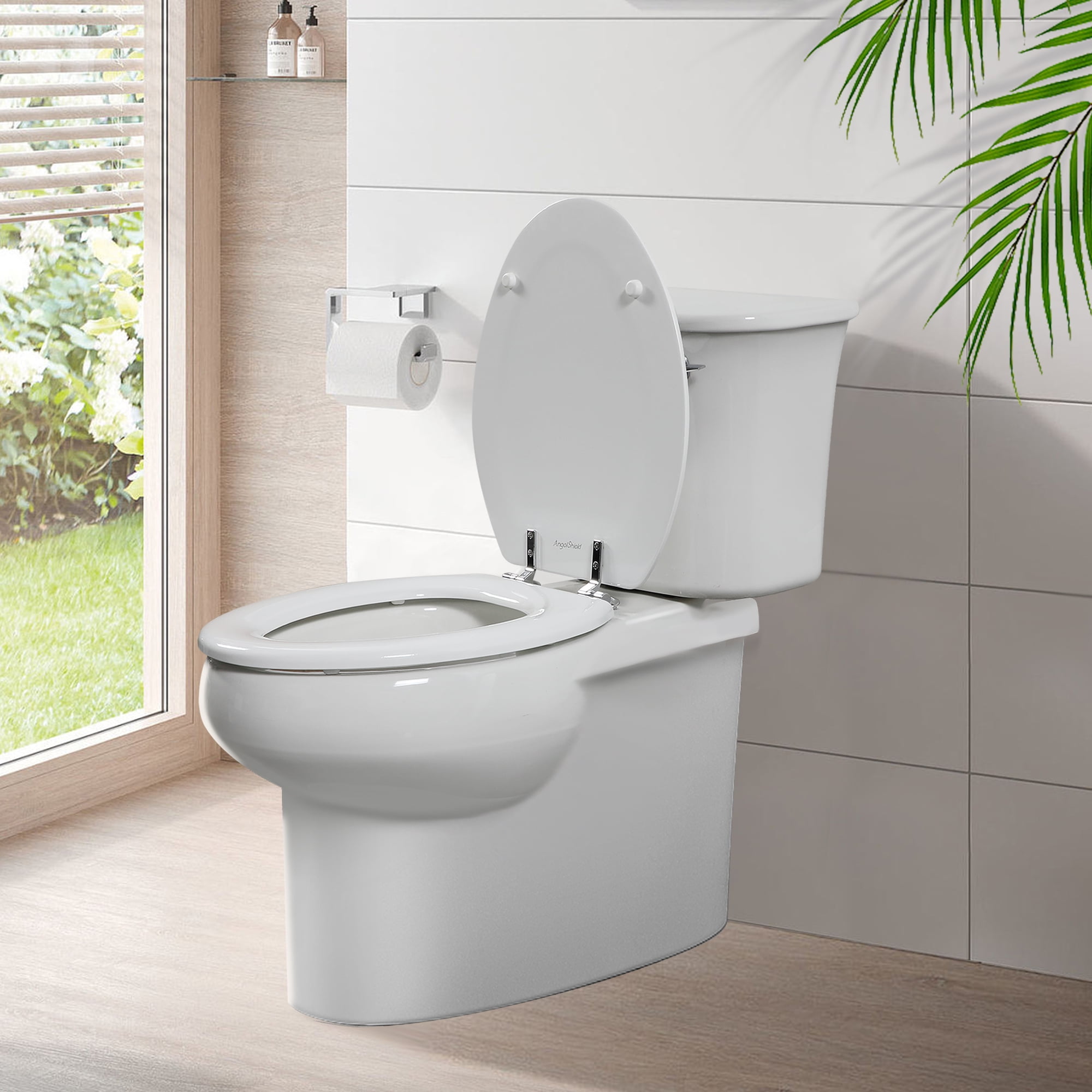 Angol Shiold Wood Elongated Toilet Seat, White Toilet Seat, Easy Clean, Metal Hinges ( Elongated 18.5'', White )