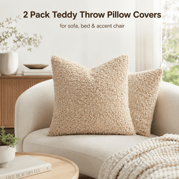 MORAVE Pack of 2 Neutral Oatmeal 18x18 Inch Faux Fur Sherpa Throw Pillow Covers, Soft Sheepskin Fuzzy Cases for Living Room Couch Bed