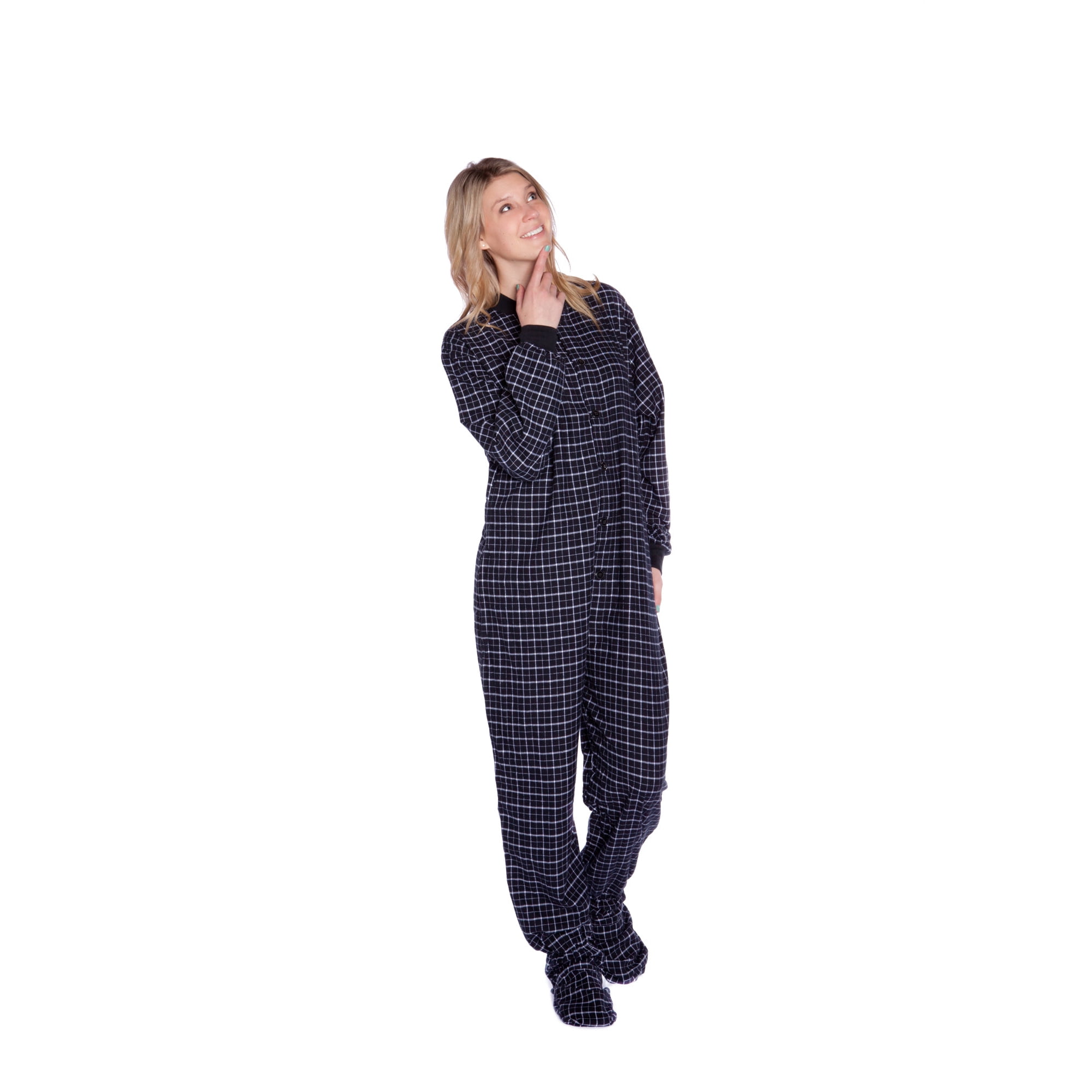 Big Feet Pajamas Black White Plaid 100 Cotton Flannel Adult Footed Pajamas No Drop Seat Sleeper Black