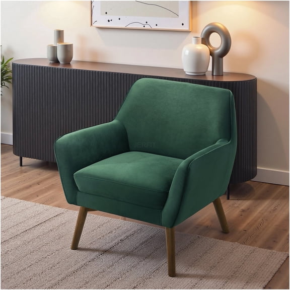 JERFIT Mid-Century Modern Velvet Accent Chair, Forest Green Lounge Chair for Living Room, Upholstered Armchair with Rectangular Back for Bedroom, Office, Nursery