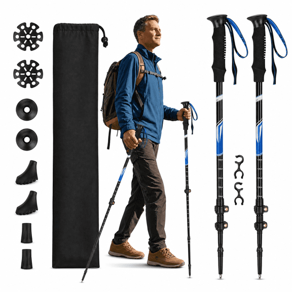 Collapsible Adjustable Aluminum Trekking Poles, 2 Pack, Blue, For Hiking and Nordic Walking
