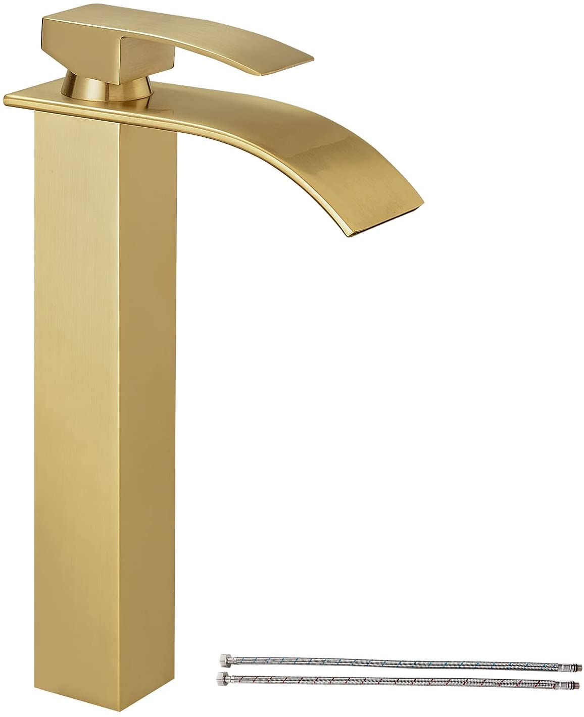 Waterfall Spout Brushed Gold Bathroom Faucet, Tall Single Handle Single