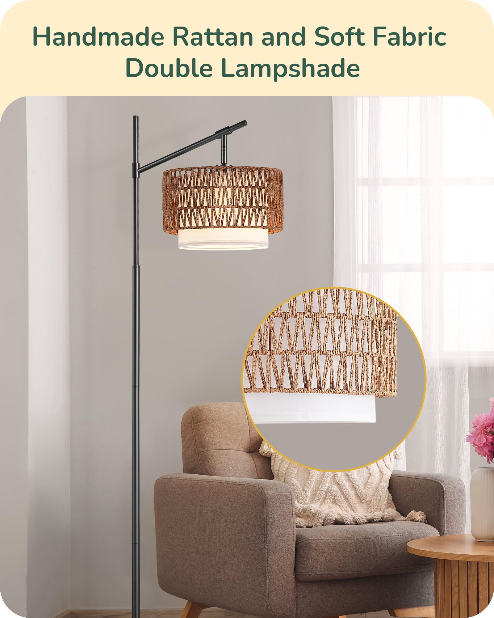 EDISHINE 63.78" Rattan Floor Lamps with Remote for Living Room, Black Standing Lamp with Double Drum Shade, Boho Farmhouse Tall Lamp for Bedroom, With LED Light Bulb