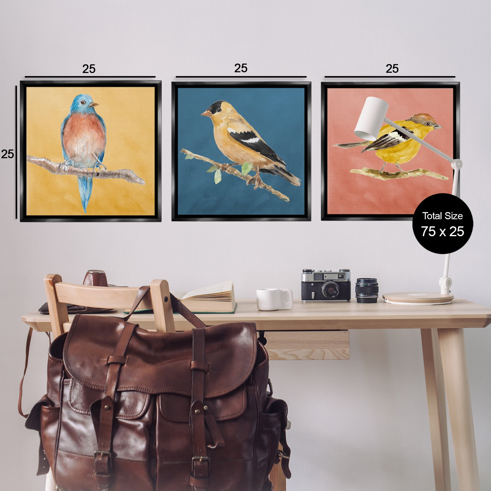 Stupell Industries Brilliant Birds on Branches Animals Painting Black Floater Framed Canvas Art Print Wall Art, 25 x 25, Set of 3