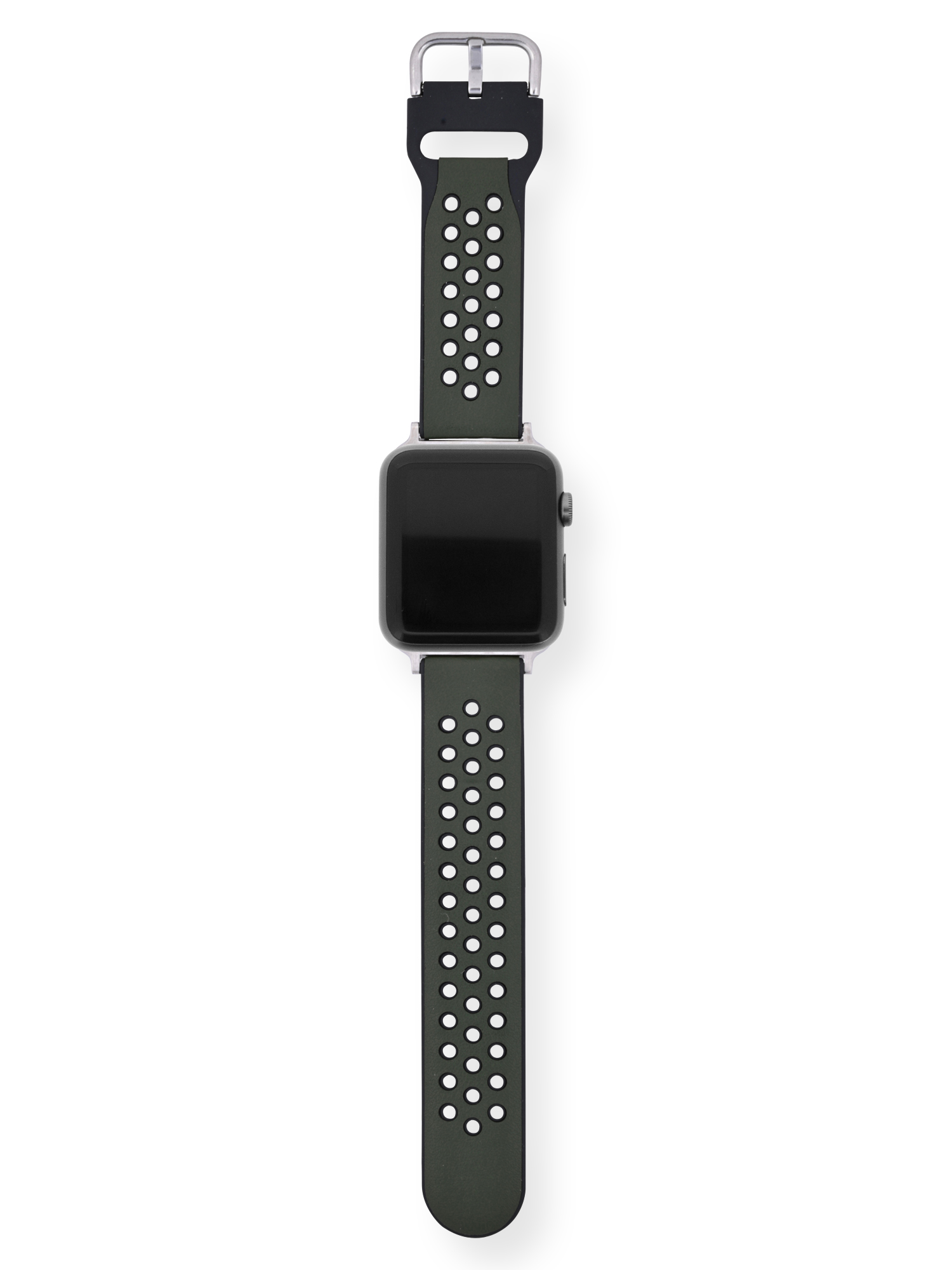 Adult Mens Army Green with Black Inlay Perforated 2 Piece PU Leather Replacement Strap . 38-41MM