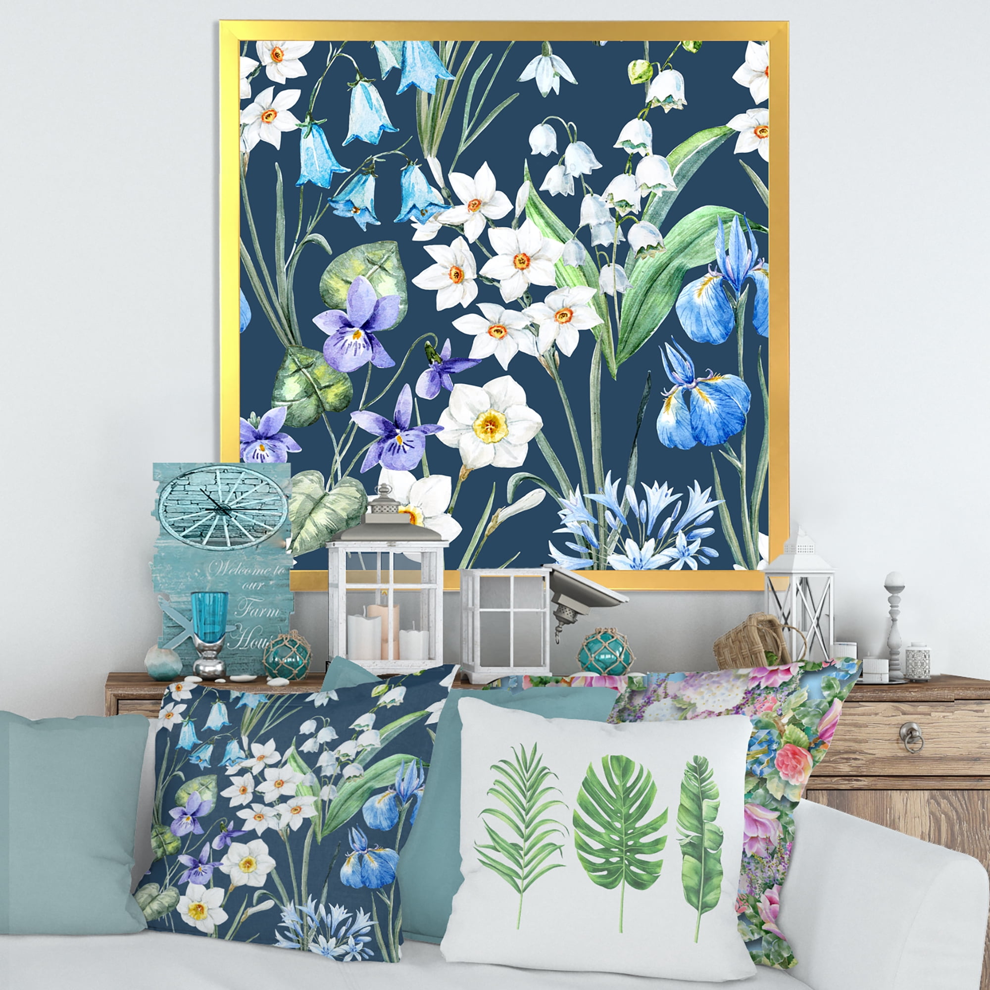 Blue and White Spring Flowers On Dark Blue 16 in x 16 in Framed Painting Canvas Art Print, by Designart