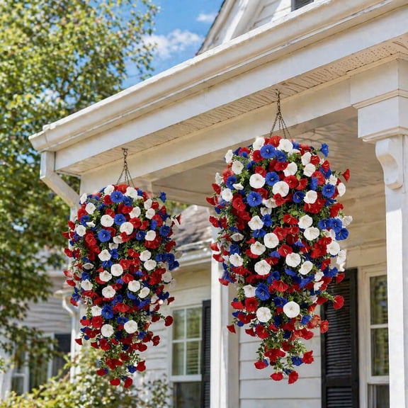 mdesiwst Artificial Red White Blue Flowers, Patriotic Hanging Flowers, UV Resistant Artificial Morning Glory Flowers, Fake Greenery Garland for Home Porch Yard Decorations