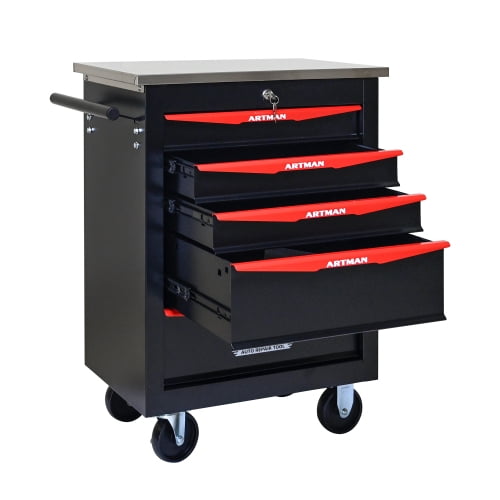 POVANLI 5 Drawer Portable Tool Box With Wheels,Tool Chest With Key Locking Tool Boxes/Organizers Black&Red