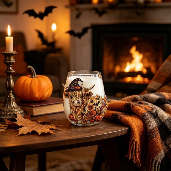 Cute Highland Cow Wine Glass, Highland Cow Gifts for Women, Halloween Stemless Wines Glass Thanksgiving Decor