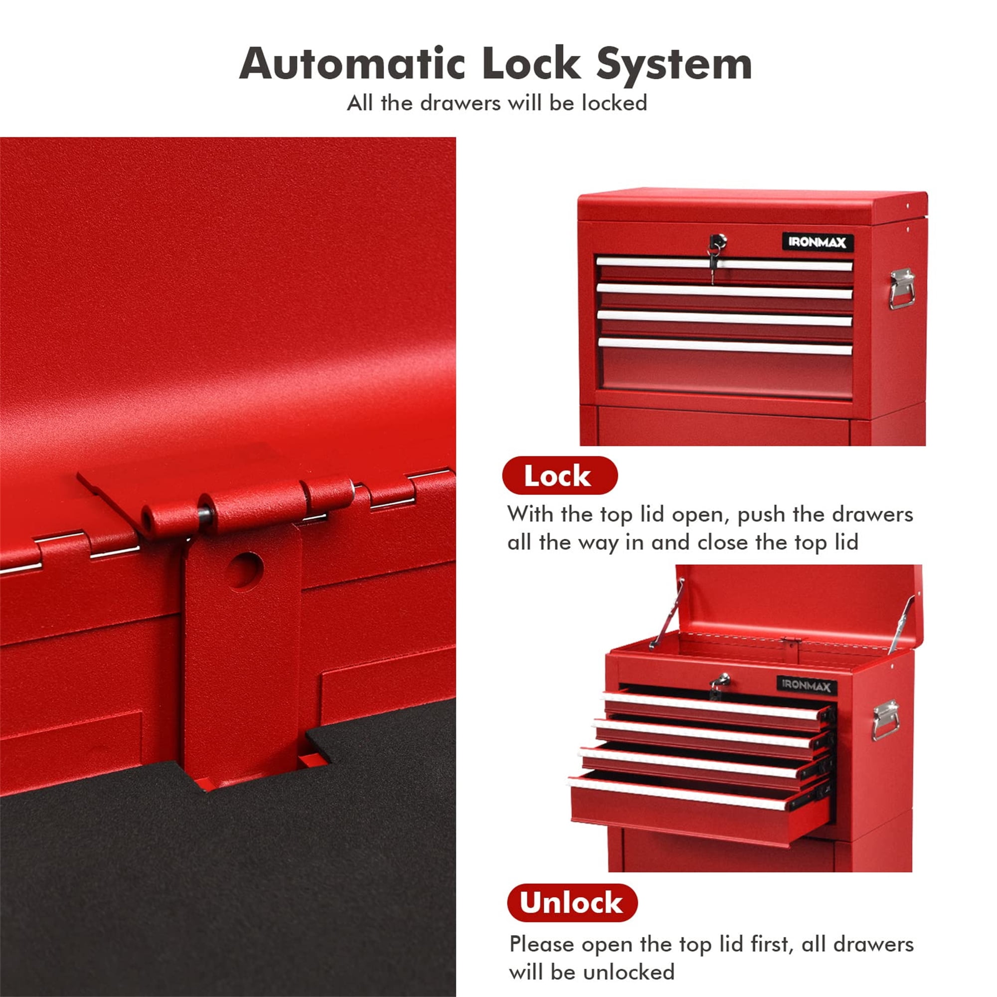 Aukfa Tool Box, 3 in 1 Steel Rolling Tool Chest w/ 6-Drawers & 2 Cabinet for Garage Workshop, Red