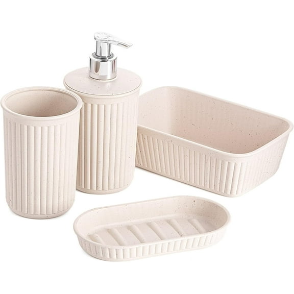 Superio Ribbed Collection - Eco-Friendly Decorative Plastic Bathroom Accessories Set, (Set of 4) Soap Dish, Liquid Dispenser, Toothbrush Holder Cup, Vanity Organizer Tray - Bathroom Decor Gift