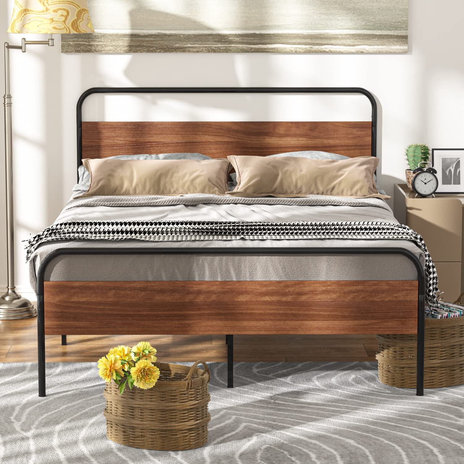 Lacoo 41 Inch Metal and Wood Platform Bed Frame, No Box Spring Needed, Metal Slat Support, Easy Assembly, Chestnut Brown, Full